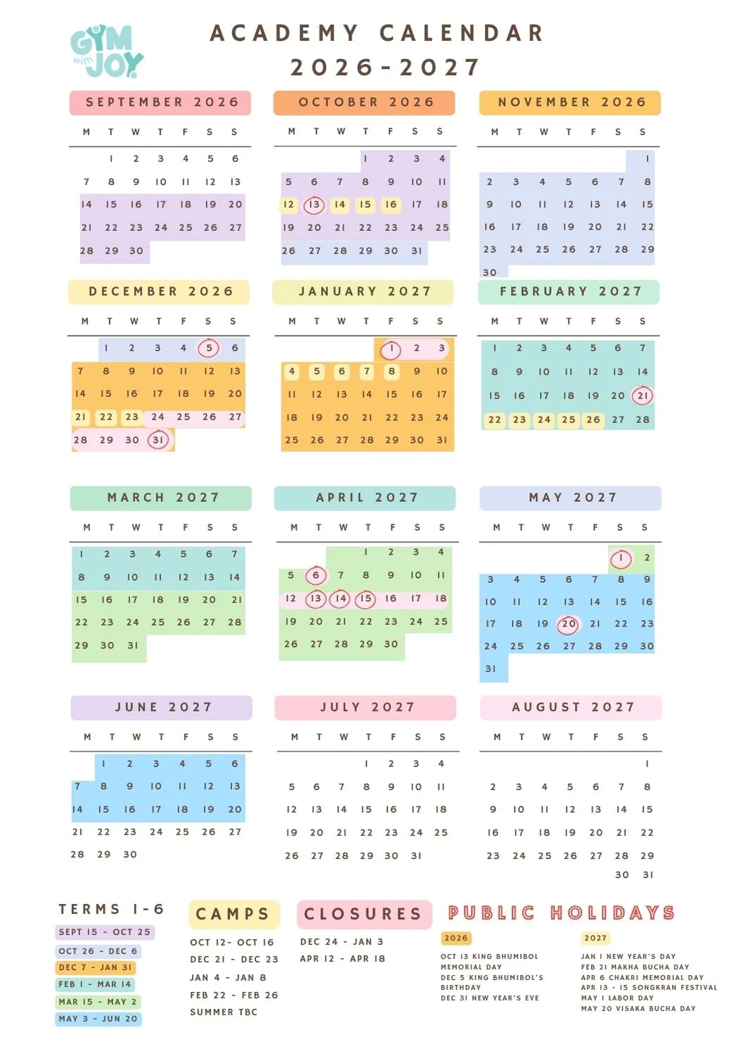 Gym with Joy Academy Calendar 2026-2027