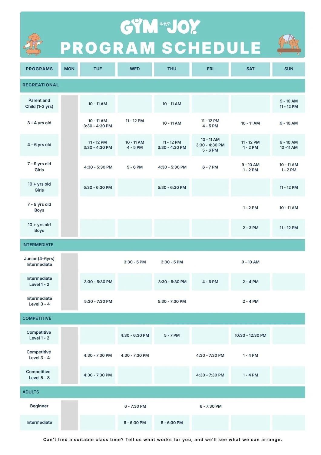 Gym with Joy Program Schedule